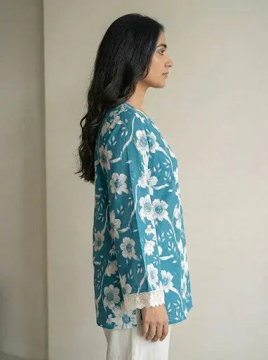 Teal floral bell sleeve kurti – Kalyanja.